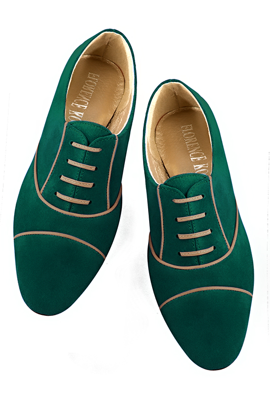 Forest green and caramel brown women's essential lace-up shoes. Round toe. Flat block heels - Florence KOOIJMAN